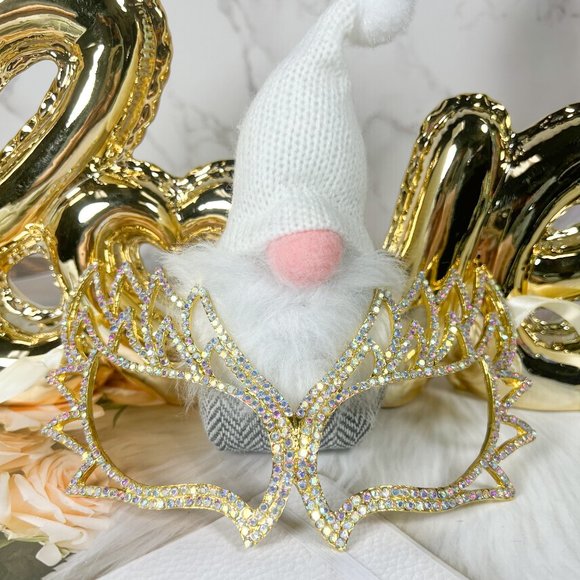 Gold Masquerade Mask, Venetian Mardi Gras Mask, AB Crystal Prom Party Eye Mask - Picture 6 of 7